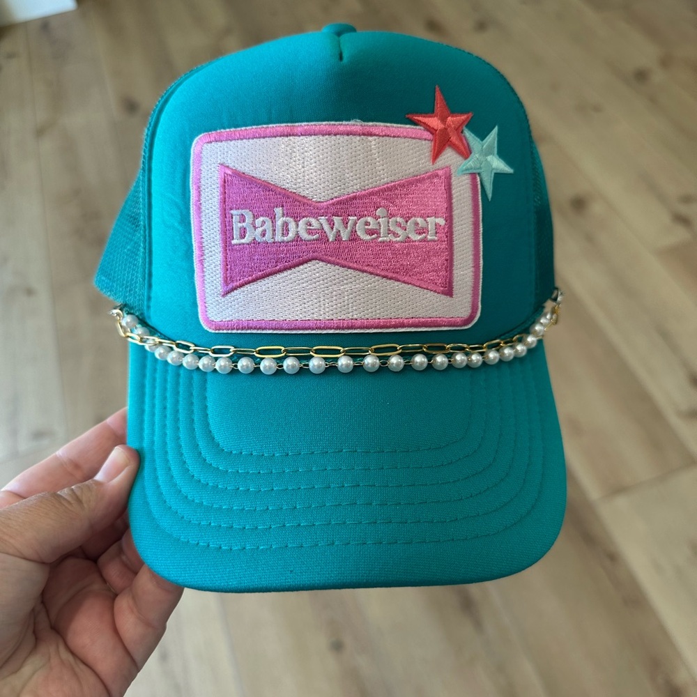Teal Babeweiser Trucker Hat with Pearl Chain